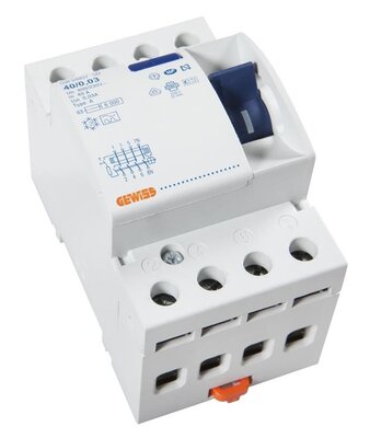 Gewiss smalle Aardlekschakelaar 40A | 4 Polig | 3 Modules | 100 mA | GW94898